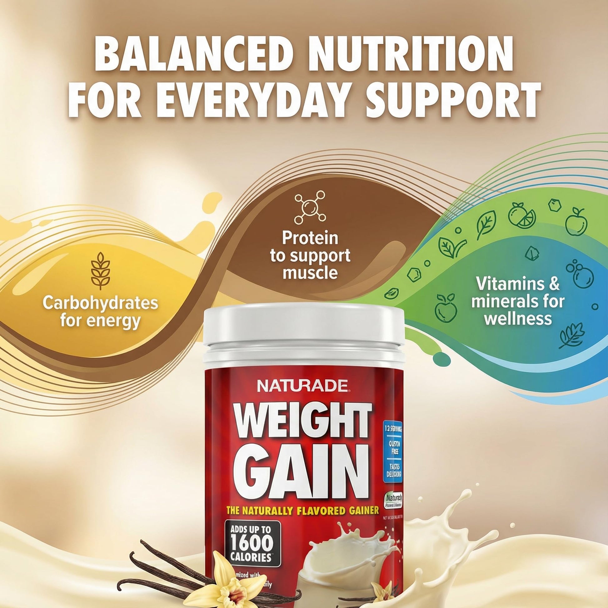 Naturade Weight Gain Nutrition Drink Mix for Healthy Weight Support, Balanced Calories with Protein, Vitamins & Minerals, Vanilla - 20.3 oz - Maple Wellness Supplements