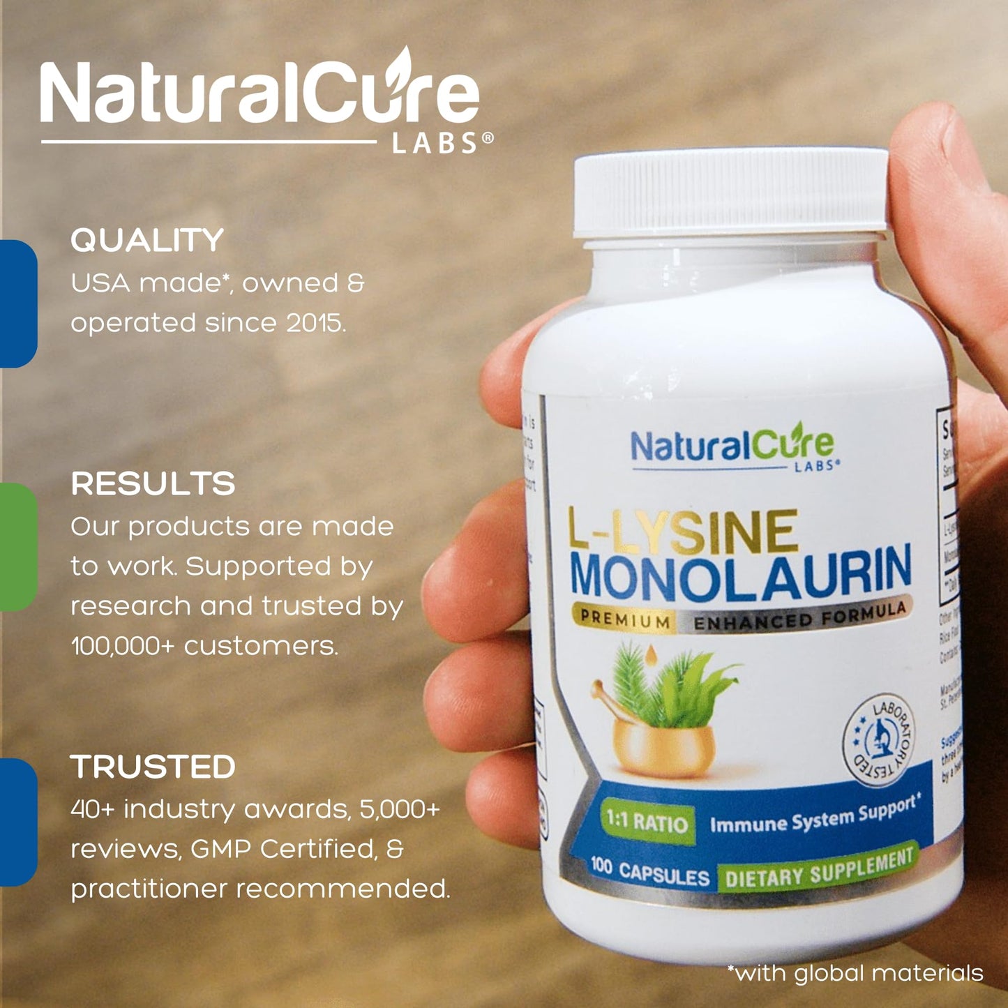 Natural Cure Labs L-Lysine with Monolaurin 600mg 1:1 Ratio, 2 Pack, 200 Capsules - Maple Wellness Supplements