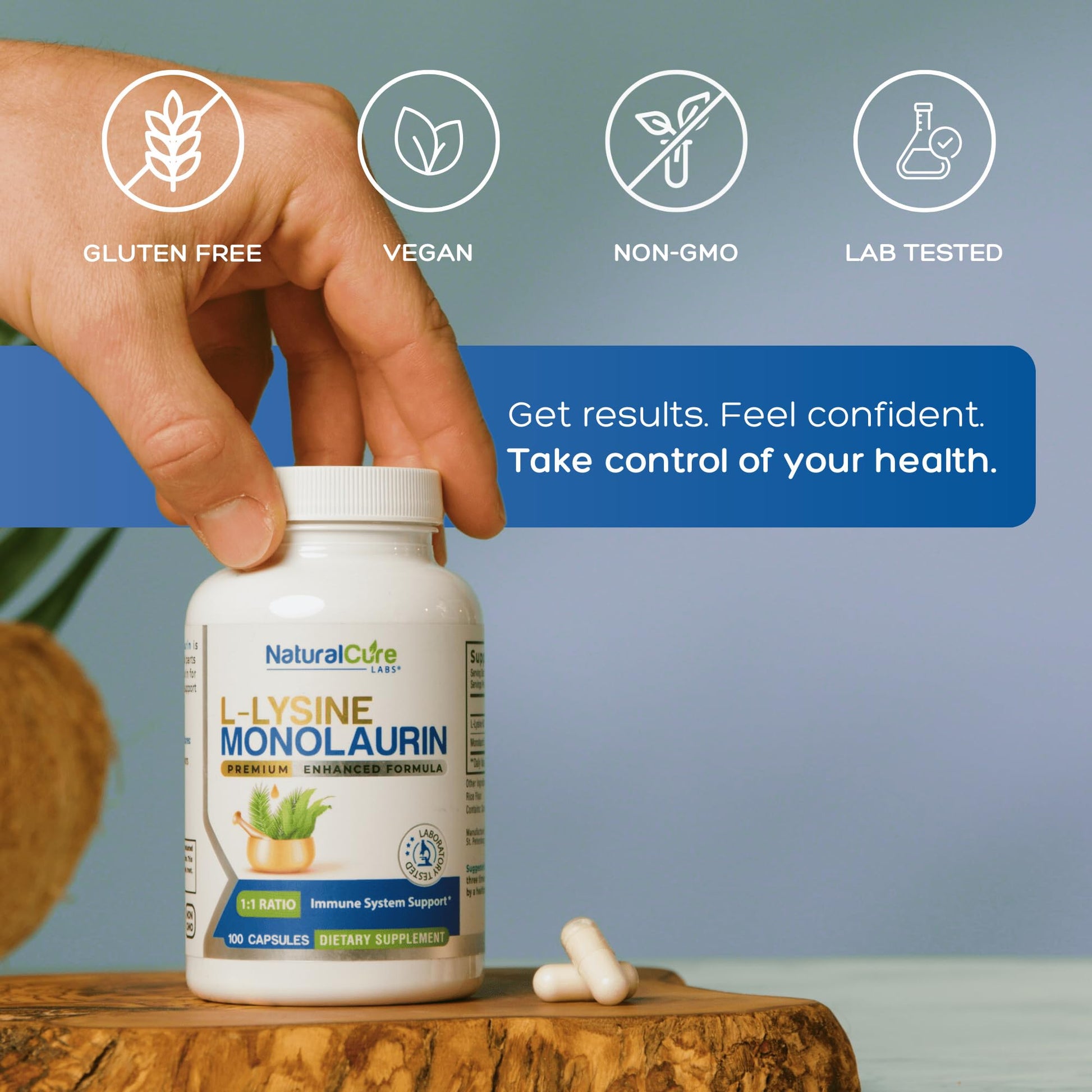 Natural Cure Labs L-Lysine with Monolaurin 600mg 1:1 Ratio, 2 Pack, 200 Capsules - Maple Wellness Supplements