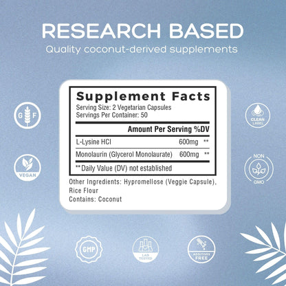 Natural Cure Labs L-Lysine with Monolaurin 600mg 1:1 Ratio, 2 Pack, 200 Capsules - Maple Wellness Supplements
