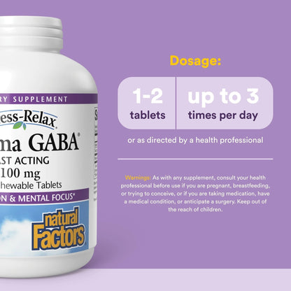 Natural Factors Pharma GABA - Dietary Supplement Supports Calm Sleep & Sleep Quality - Natural, Fast-Working Supplement Aids Focus & Brain Health - 120 Chewable Tablets (60 Servings) - Maple Wellness Supplements