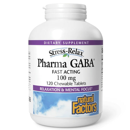 Natural Factors Pharma GABA - Dietary Supplement Supports Calm Sleep & Sleep Quality - Natural, Fast-Working Supplement Aids Focus & Brain Health - 120 Chewable Tablets (60 Servings) - Maple Wellness Supplements