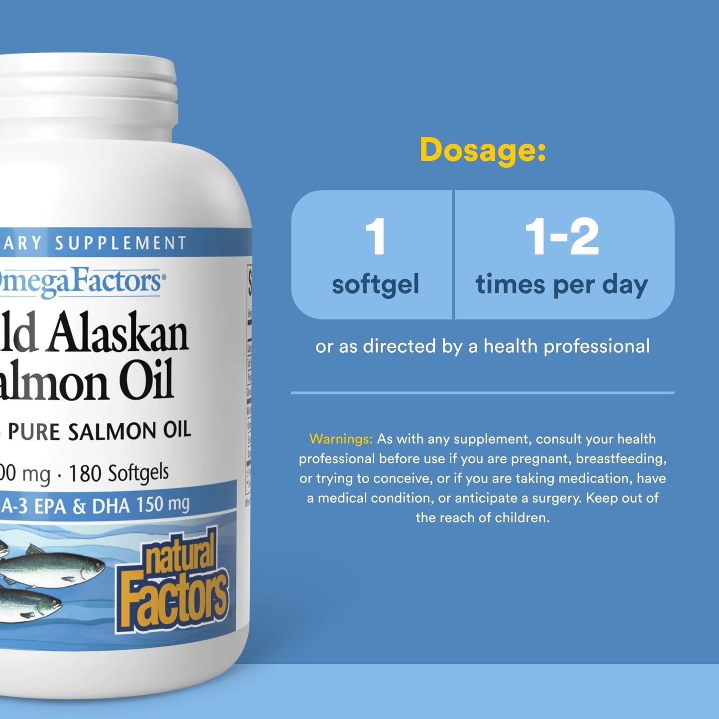 Natural Factors Wild Alaskan Salmon Oil Provides Omega-3, EPA, DHA & Vitamin D, Supports Brain & Heart Health, 180 Softgels - Maple Wellness Supplements