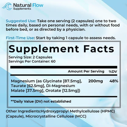 Natural Flow 4X Magnesium Supplement, Magnesium Glycinate, Taurate, Malate, Orotate Complex, Calm Sleep and Cramp Support Blend - Maple Wellness Supplements