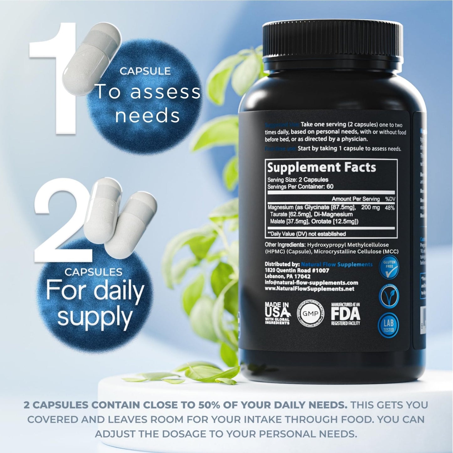 Natural Flow 4X Magnesium Supplement, Magnesium Glycinate, Taurate, Malate, Orotate Complex, Calm Sleep and Cramp Support Blend, No Mag Citrate or Oxide, 120 Capsules - Maple Wellness Supplements