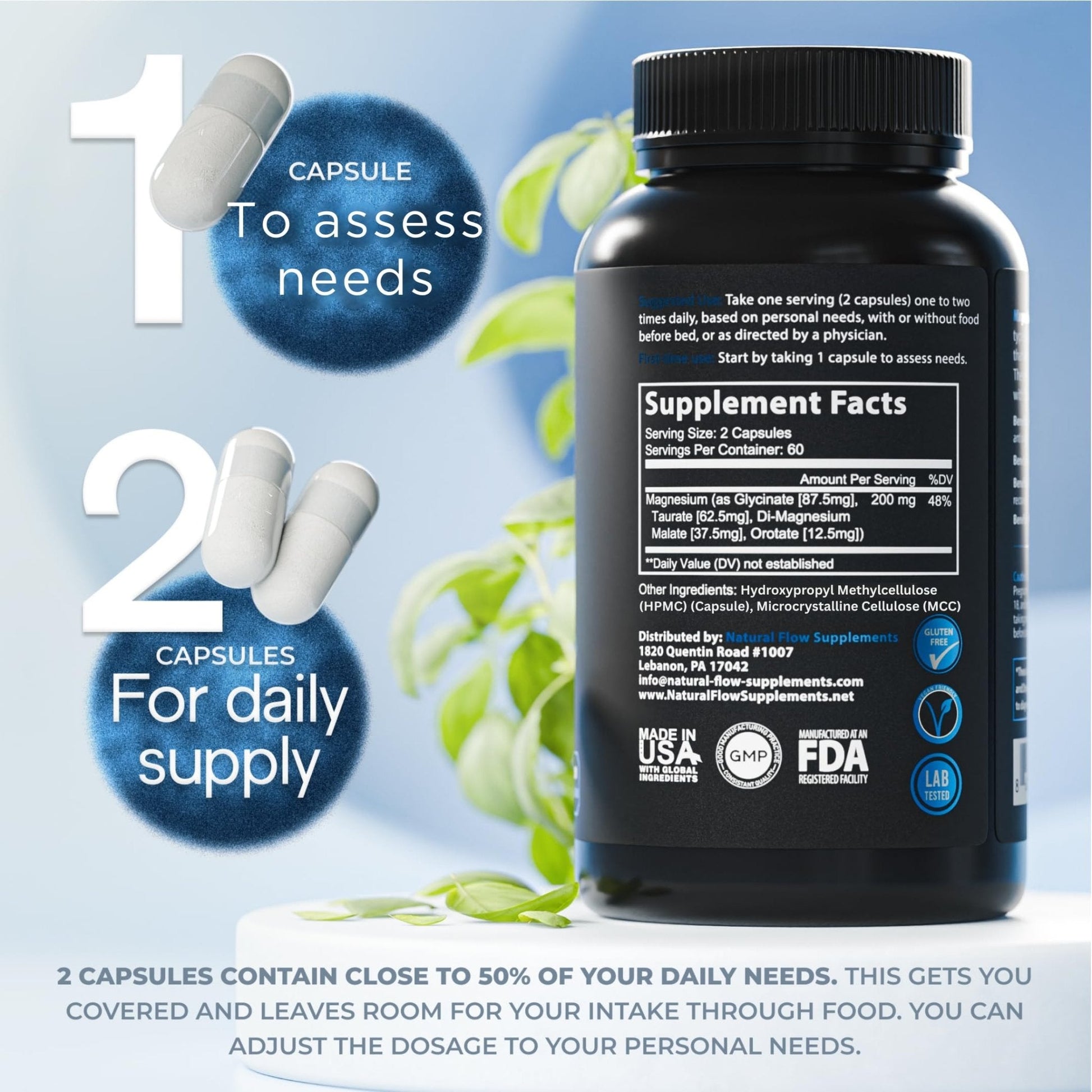 Natural Flow 4X Magnesium Supplement, Magnesium Glycinate, Taurate, Malate, Orotate Complex, Calm Sleep and Cramp Support Blend, No Mag Citrate or Oxide, 120 Capsules - Maple Wellness Supplements