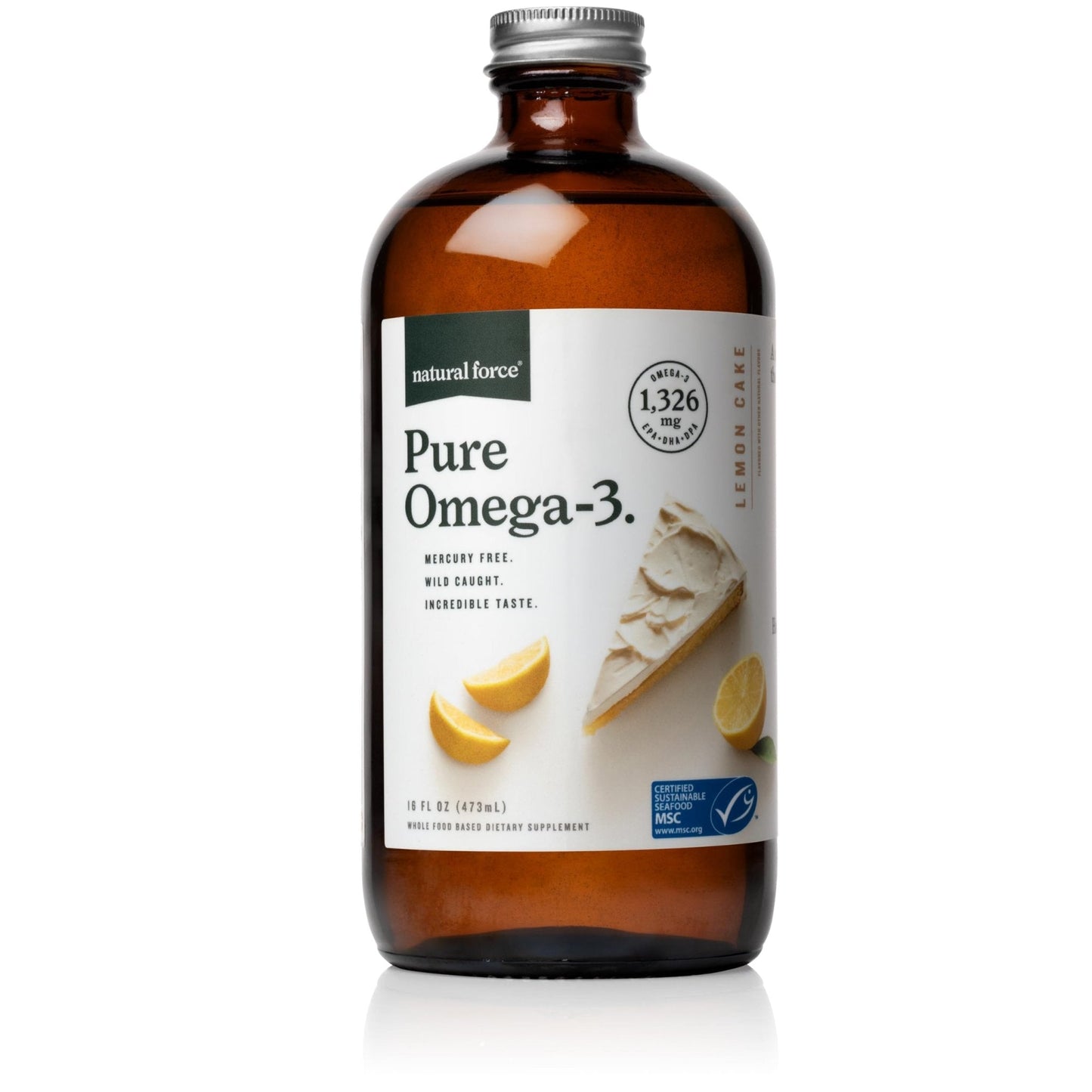 Natural Force Pure Omega 3 - Liquid Fish Oil - Delicious Lemon Cake Flavor - Mercury Free, Wild Caught, Lab Tested - 1,326 mg Triglyceride EPA, DHA, & DPA - 16 Oz Glass Bottle - Maple Wellness Supplements