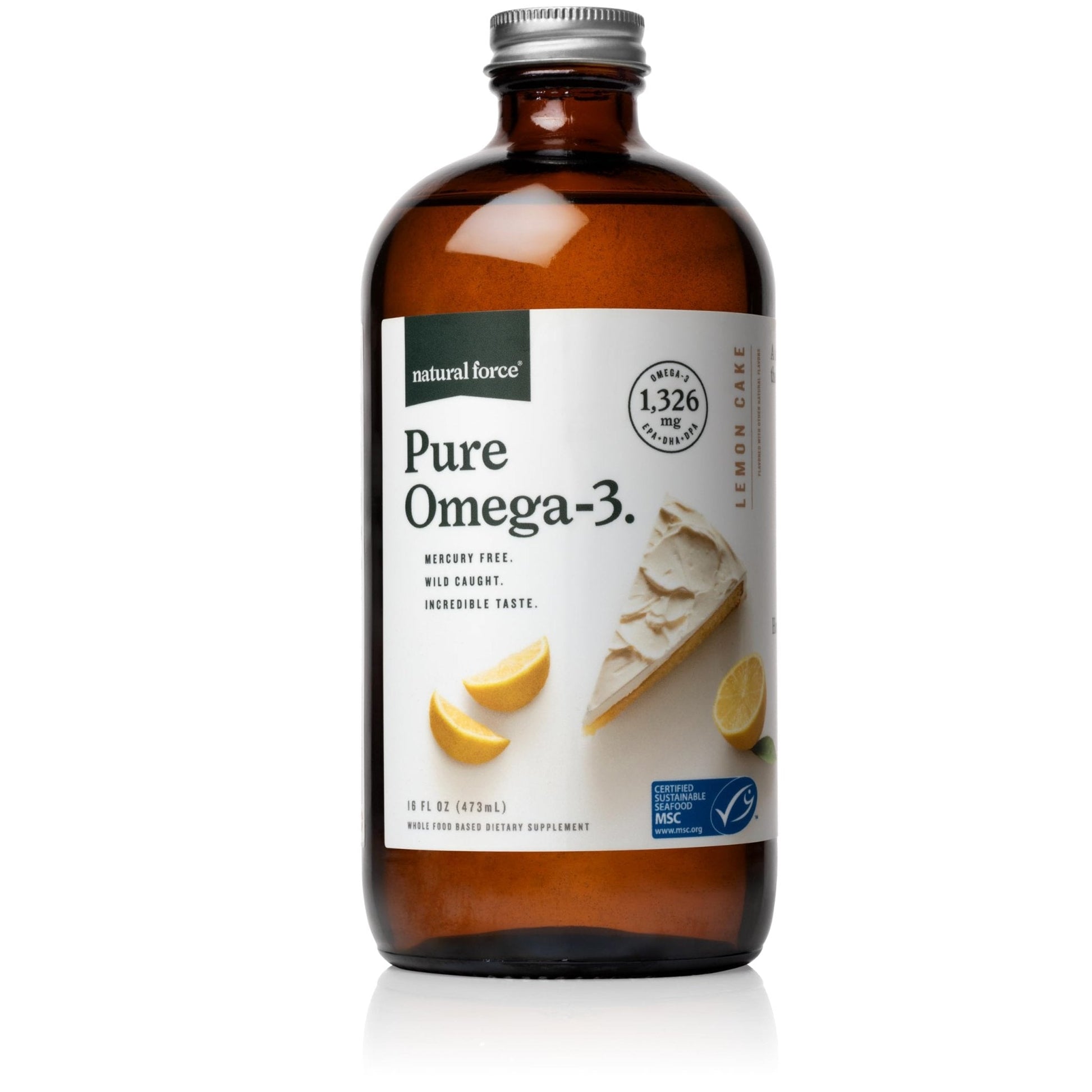 Natural Force Pure Omega 3 - Liquid Fish Oil - Delicious Lemon Cake Flavor - Mercury Free, Wild Caught, Lab Tested - 1,326 mg Triglyceride EPA, DHA, & DPA - 16 Oz Glass Bottle - Maple Wellness Supplements