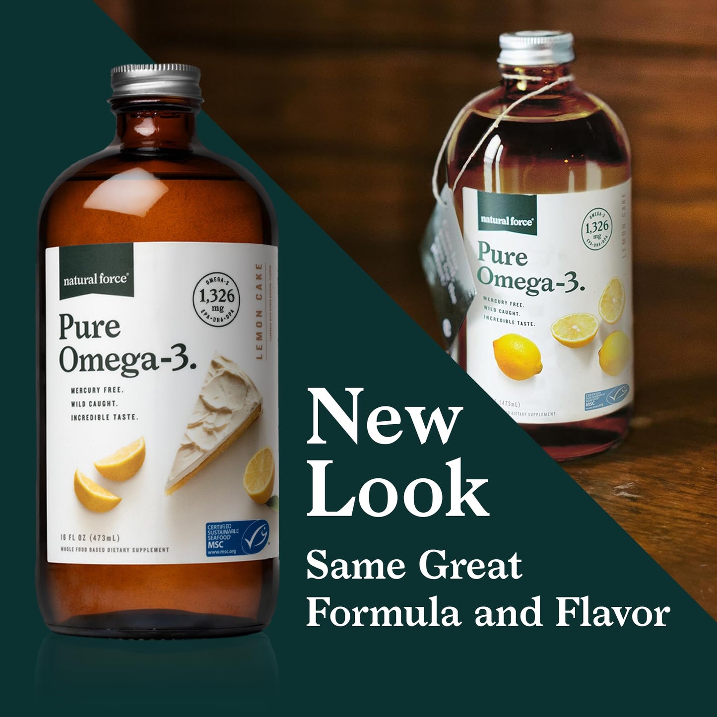 Natural Force Pure Omega 3 - Liquid Fish Oil - Delicious Lemon Cake Flavor - Mercury Free, Wild Caught, Lab Tested - 1,326 mg Triglyceride EPA, DHA, & DPA - 16 Oz Glass Bottle - Maple Wellness Supplements