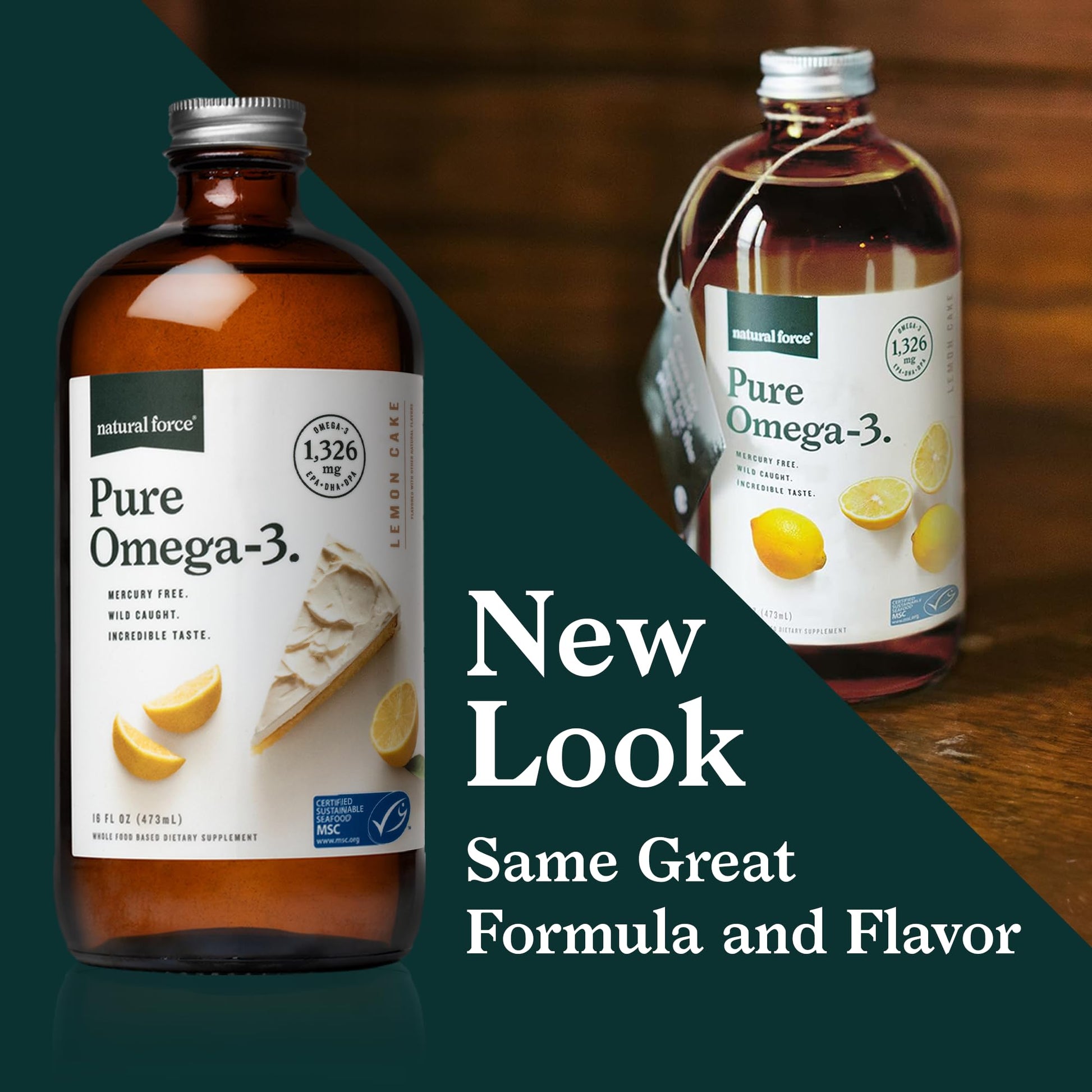 Natural Force Pure Omega 3 - Liquid Fish Oil - Delicious Lemon Cake Flavor - Mercury Free, Wild Caught, Lab Tested - 1,326 mg Triglyceride EPA, DHA, & DPA - 16 Oz Glass Bottle - Maple Wellness Supplements