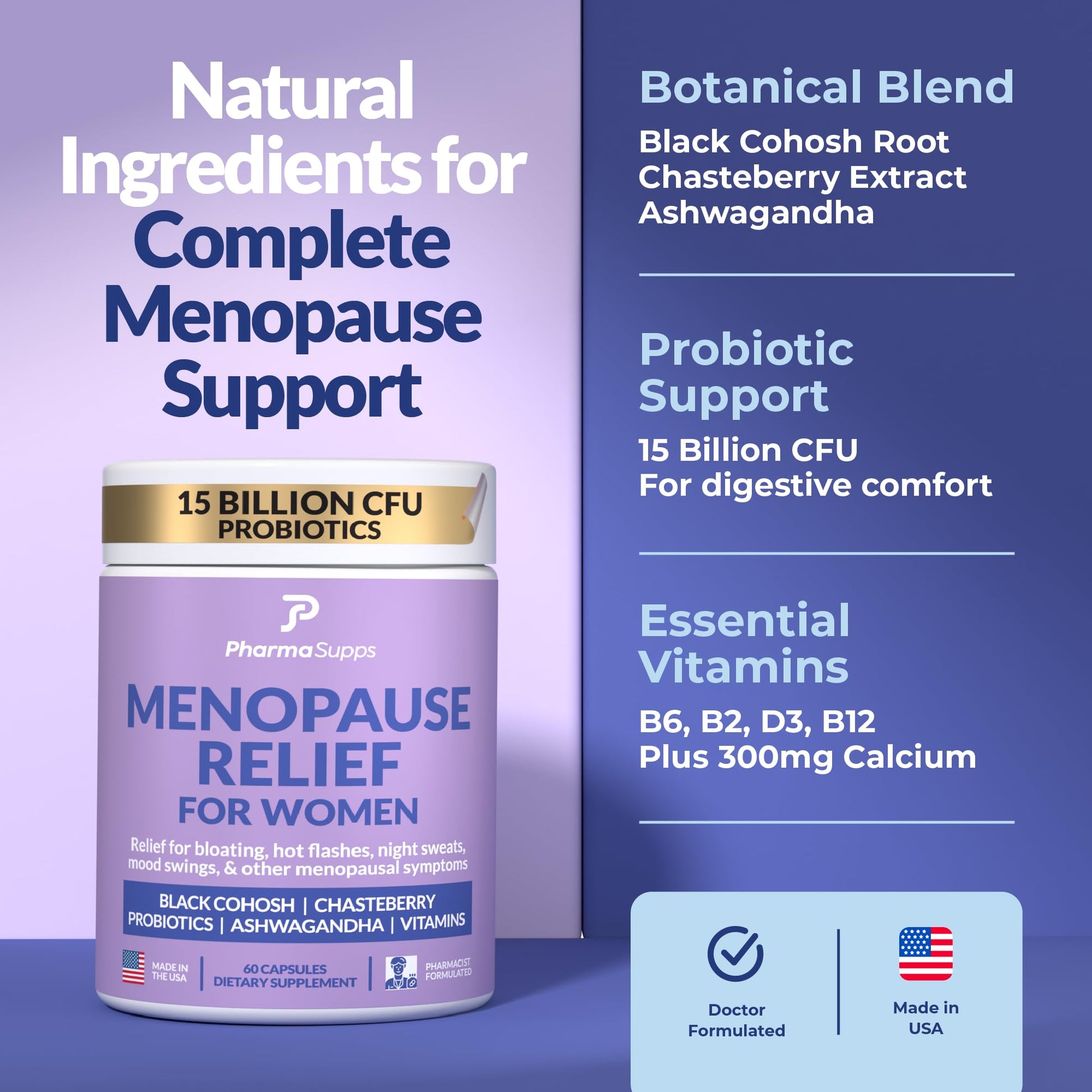 Natural Menopause Supplements for Women - Perimenopause Supplements for Hormonal Balance, Bloating & Mood Swings | Hot Flashes Menopause Relief w/Probiotics & Prebiotics, Black Cohosh & Chasteberry - Maple Wellness Supplements
