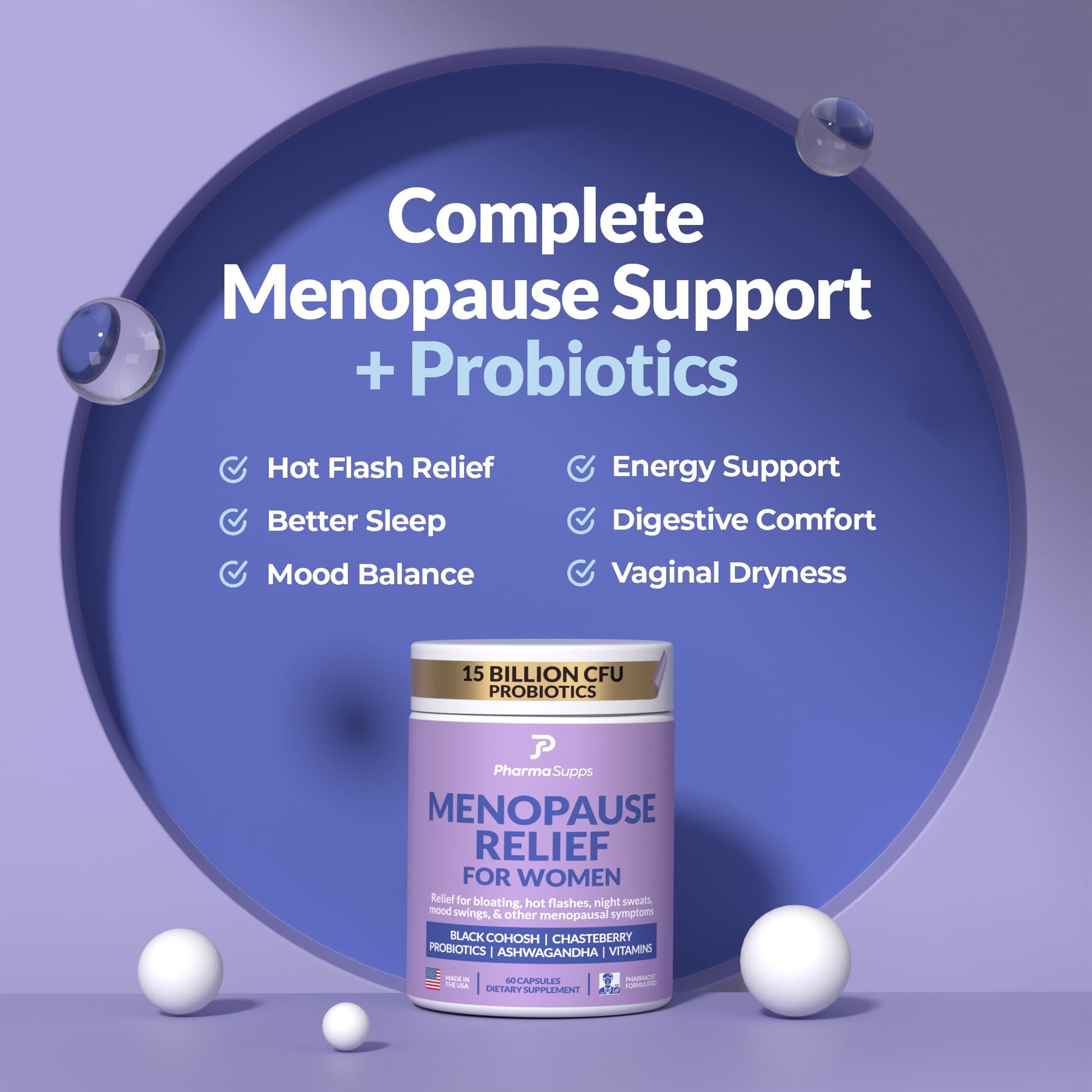 Natural Menopause Supplements for Women - Perimenopause Supplements for Hormonal Balance, Bloating & Mood Swings | Hot Flashes Menopause Relief w/Probiotics & Prebiotics, Black Cohosh & Chasteberry - Maple Wellness Supplements