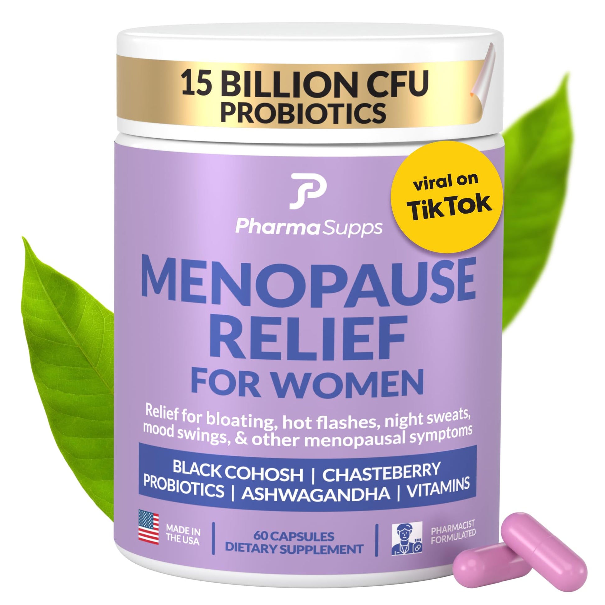 Natural Menopause Supplements for Women - Perimenopause Supplements for Hormonal Balance, Bloating & Mood Swings | Hot Flashes Menopause Relief w/Probiotics & Prebiotics, Black Cohosh & Chasteberry - Maple Wellness Supplements
