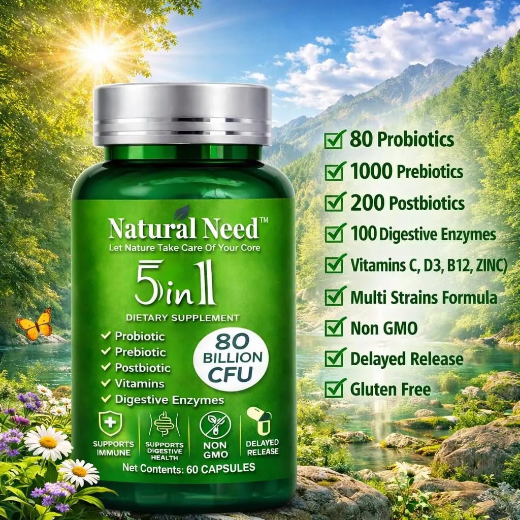 NATURAL NEED™ Gut Health – 5-in-1 Formula with Probiotics, Prebiotics, Postbiotics, Enzymes & Vitamins (C,D3,B12,Zinc) – Delayed Release Capsule – Supports Overall Digestion, Immunity & Gut – 60 Vegan - Maple Wellness Supplements