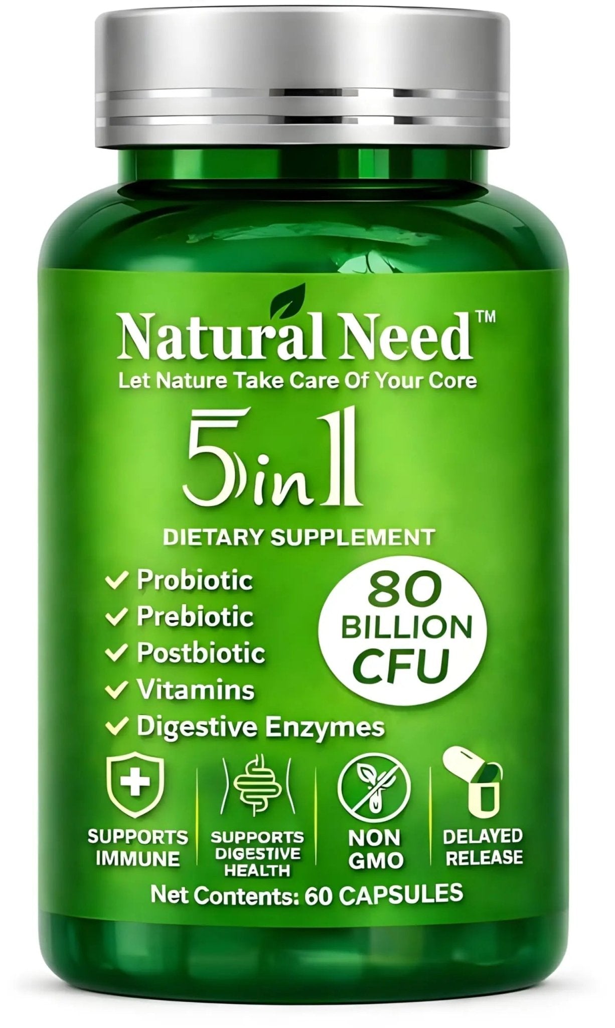 NATURAL NEED™ Gut Health – 5-in-1 Formula with Probiotics, Prebiotics, Postbiotics, Enzymes & Vitamins (C,D3,B12,Zinc) – Delayed Release Capsule – Supports Overall Digestion, Immunity & Gut – 60 Vegan - Maple Wellness Supplements