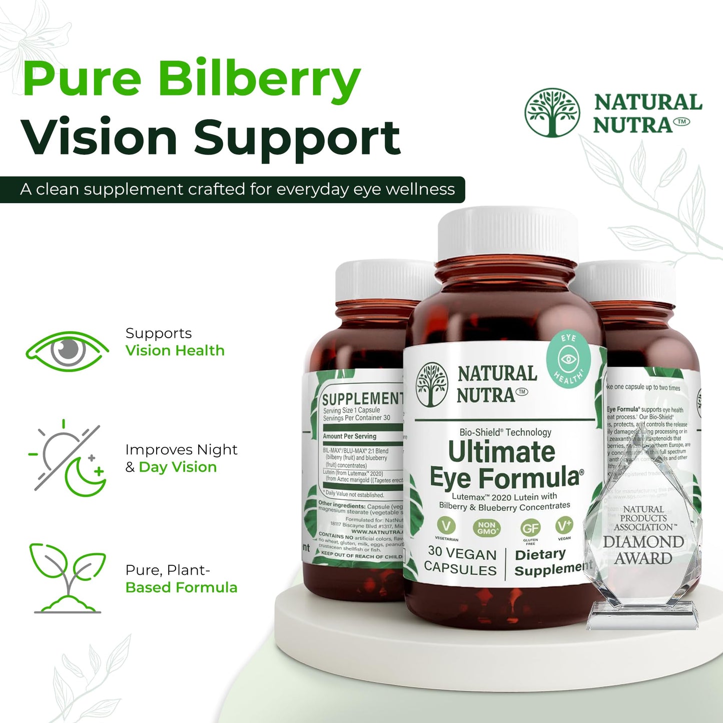 Natural Nutra Ultimate Eye Health Supplement - Bilberry & Blueberry Extract Blend for Day and Night Vision Support, Promotes Color Perception & Eye Clarity - Non-GMO, Vegan - 30 Capsules (Pack of 3) - Maple Wellness Supplements
