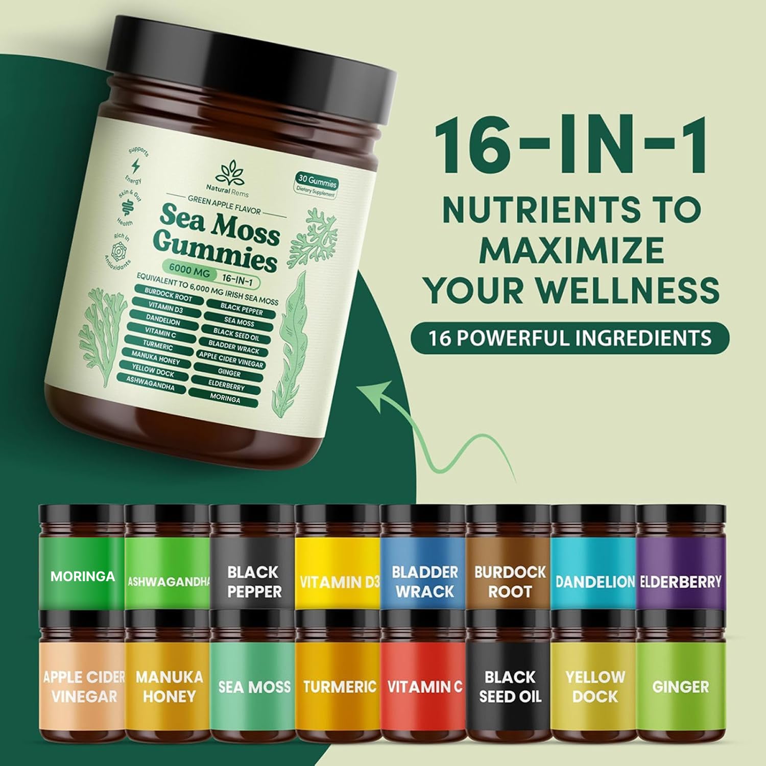 Natural Rems Sea Moss Gummies 16-in-1 - Ashwagandha Black Seed Oil Bladder Wrack Turmeric Vitamin C & D3 with Manuka Burdock Root Dandelion Yellow - Maple Wellness Supplements