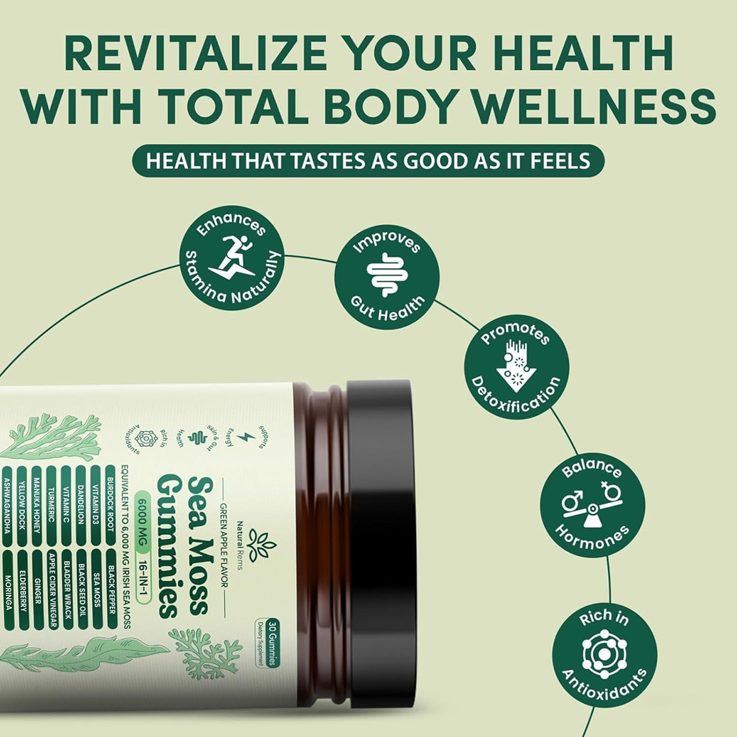 Natural Rems Sea Moss Gummies 16-in-1 - Ashwagandha Black Seed Oil Bladder Wrack Turmeric Vitamin C & D3 with Manuka Burdock Root Dandelion Yellow - Maple Wellness Supplements