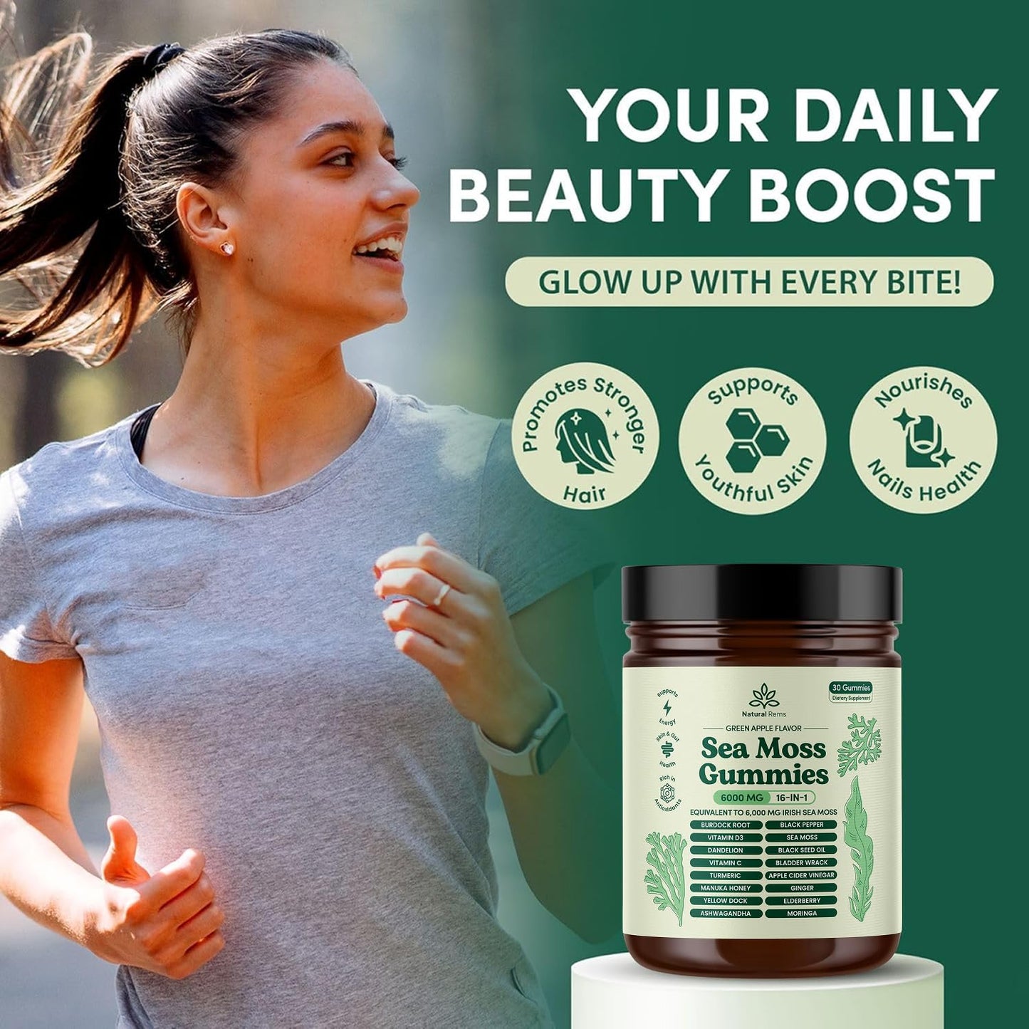Natural Rems Sea Moss Gummies 16-in-1 - Ashwagandha Black Seed Oil Bladder Wrack Turmeric Vitamin C & D3 with Manuka Burdock Root Dandelion Yellow - Maple Wellness Supplements