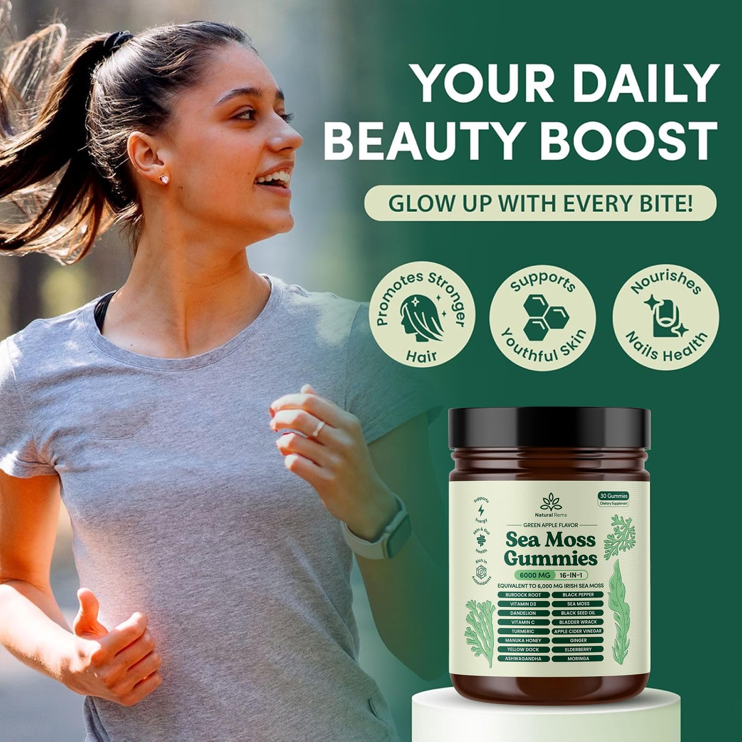 Natural Rems Sea Moss Gummies 16-in-1 - Ashwagandha Black Seed Oil Bladder Wrack Turmeric Vitamin C & D3 with Manuka Burdock Root Dandelion Yellow - Maple Wellness Supplements