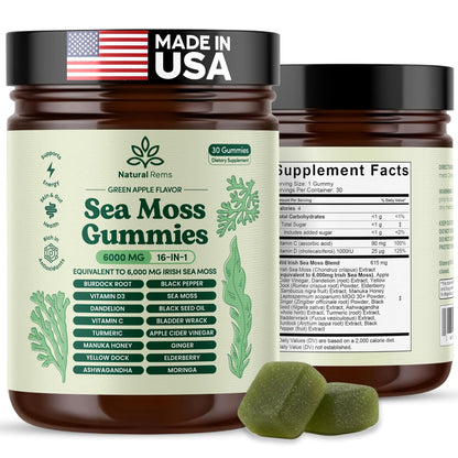 Natural Rems Sea Moss Gummies 16-in-1 - Ashwagandha Black Seed Oil Bladder Wrack Turmeric Vitamin C & D3 with Manuka Burdock Root Dandelion Yellow - Maple Wellness Supplements