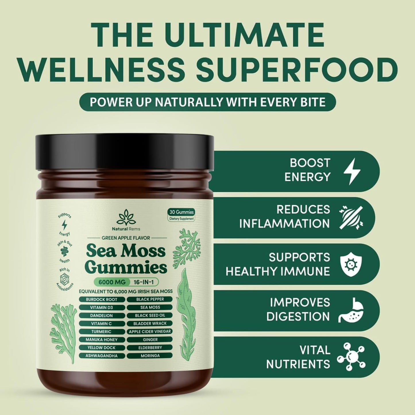 Natural Rems Sea Moss Gummies 16-in-1 - Ashwagandha Black Seed Oil Bladder Wrack Turmeric Vitamin C & D3 with Manuka Burdock Root Dandelion Yellow - Maple Wellness Supplements