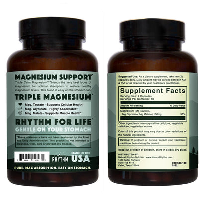 Natural Rhythm Triple Calm Magnesium Complex - 120 Capsules, Chelated Magnesium Glycinate, Taurate & Malate, High Absorption Supplement for Sleep, Stress, Muscle & Heart Support, Non-GMO, Vegan - Maple Wellness Supplements