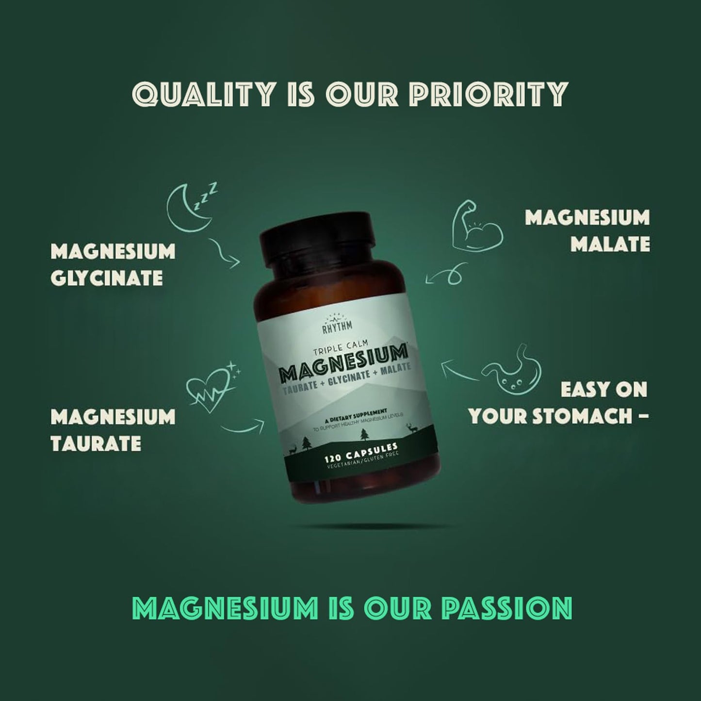 Natural Rhythm Triple Calm Magnesium Complex - 120 Capsules, Chelated Magnesium Glycinate, Taurate & Malate, High Absorption Supplement for Sleep, Stress, Muscle & Heart Support, Non-GMO, Vegan - Maple Wellness Supplements