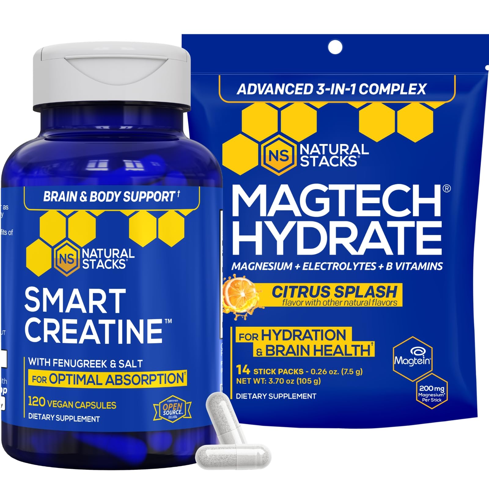 NATURAL STACKS Creatine Monohydrate & Magtech Hydrate Bundle - 2500mg Creatine + 200mg Elemental Magnesium Per Serving - Supports Hydration, Brain Health & Endurance - 44 Total Servings - Maple Wellness Supplements