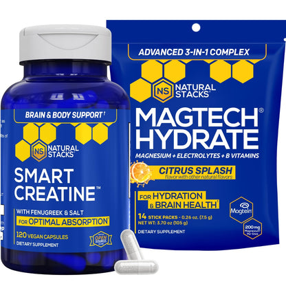 NATURAL STACKS Creatine Monohydrate & Magtech Hydrate Bundle - 2500mg Creatine + 200mg Elemental Magnesium Per Serving - Supports Hydration, Brain Health & Endurance - 44 Total Servings - Maple Wellness Supplements