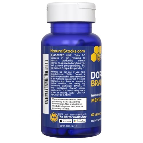 NATURAL STACKS Dopamine Brain Food - 650mg L-Tyrosine Supplement - Dopamine Supplement for Focus & Mental Drive - Supports Mental Energy - Neurotransmitter Support with B Vitamins - 60 Capsules - Maple Wellness Supplements