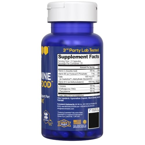 NATURAL STACKS Dopamine Brain Food - 650mg L-Tyrosine Supplement - Dopamine Supplement for Focus & Mental Drive - Supports Mental Energy - Neurotransmitter Support with B Vitamins - 60 Capsules - Maple Wellness Supplements
