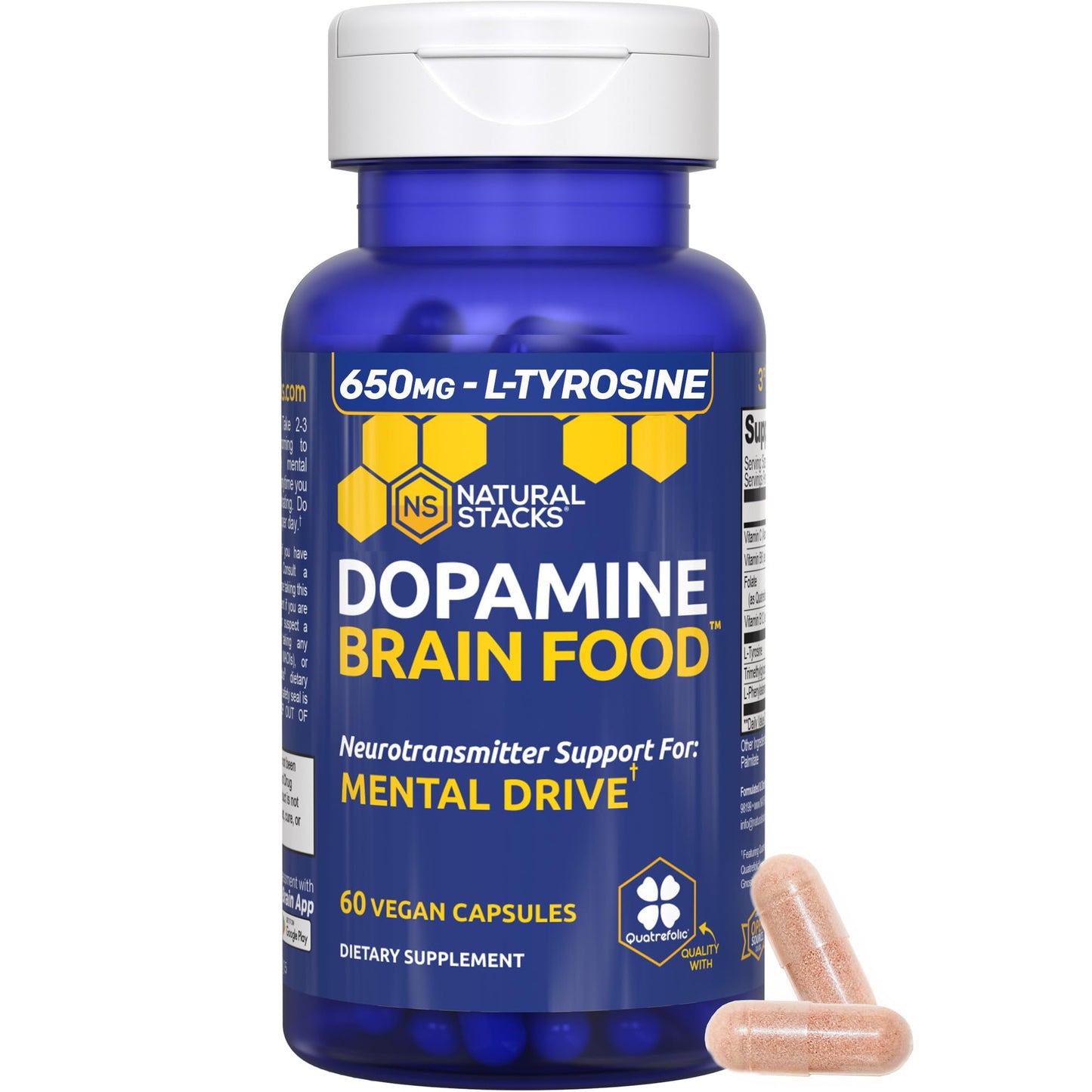 NATURAL STACKS Dopamine Brain Food - 650mg L-Tyrosine Supplement - Dopamine Supplement for Focus & Mental Drive - Supports Mental Energy - Neurotransmitter Support with B Vitamins - 60 Capsules - Maple Wellness Supplements