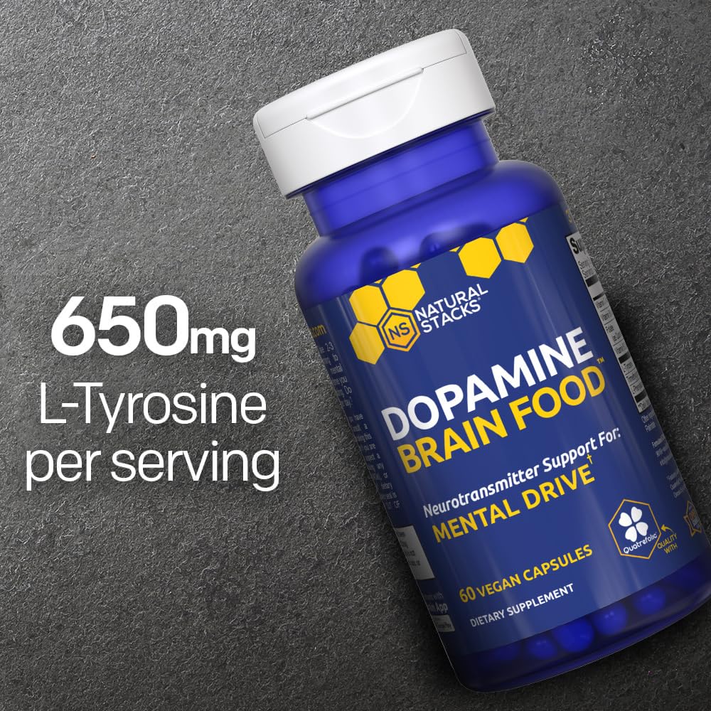 NATURAL STACKS Dopamine Brain Food - 650mg L-Tyrosine Supplement - Dopamine Supplement for Focus & Mental Drive - Supports Mental Energy - Neurotransmitter Support with B Vitamins - 60 Capsules - Maple Wellness Supplements