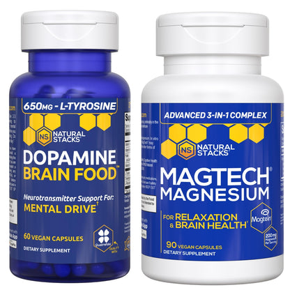 NATURAL STACKS Dopamine Brain Food + Magtech Magnesium Bundle - Chelated Magnesium Complex - Supports Brain Health & Mental Drive* - 150 Total Capsules - Maple Wellness Supplements
