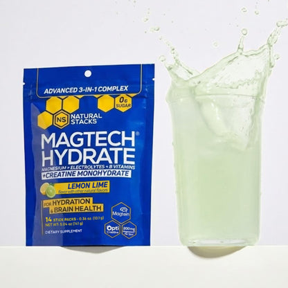 NATURAL STACKS Magtech Magnesium Hydrate + Creatine - Sugar Free Electrolyte Drink - Magtein Magnesium L-Threonate, Glycinate & Taurate - Supports Hydration & Cellular Energy - 14 Hydration Packets - Maple Wellness Supplements