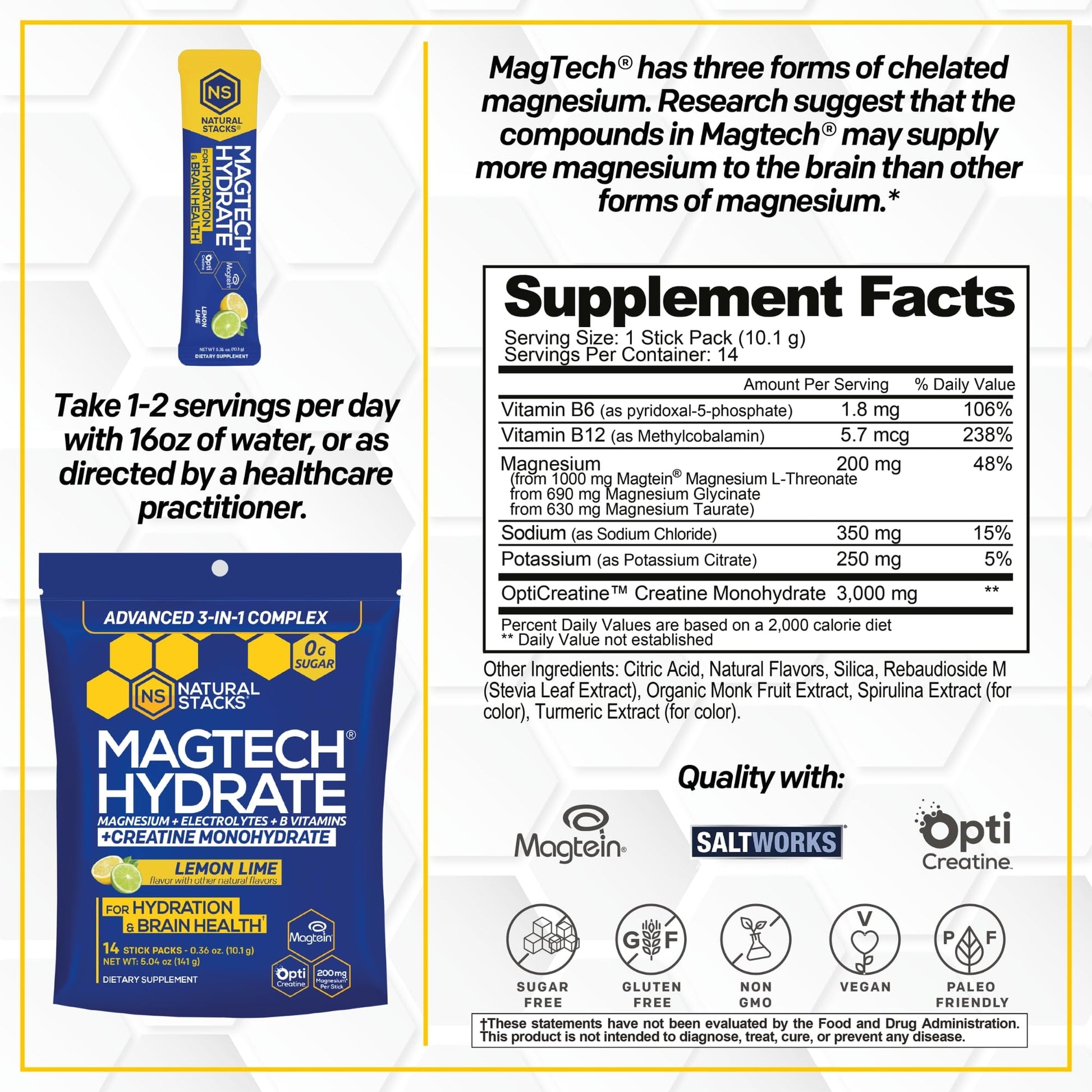 NATURAL STACKS Magtech Magnesium Hydrate + Creatine - Sugar Free Electrolyte Drink - Magtein Magnesium L-Threonate, Glycinate & Taurate - Supports Hydration & Cellular Energy - 14 Hydration Packets - Maple Wellness Supplements