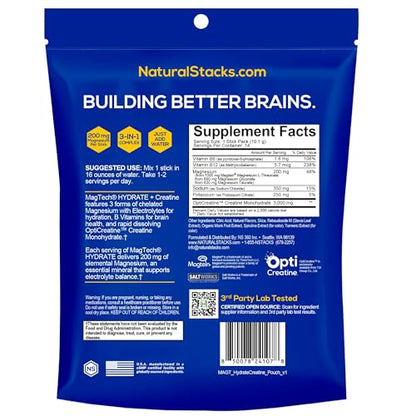 NATURAL STACKS Magtech Magnesium Hydrate + Creatine - Sugar Free Electrolyte Drink - Magtein Magnesium L-Threonate, Glycinate & Taurate - Supports Hydration & Cellular Energy - 14 Hydration Packets - Maple Wellness Supplements