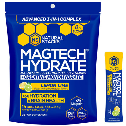 NATURAL STACKS Magtech Magnesium Hydrate + Creatine - Sugar Free Electrolyte Drink - Magtein Magnesium L-Threonate, Glycinate & Taurate - Supports Hydration & Cellular Energy - 14 Hydration Packets - Maple Wellness Supplements