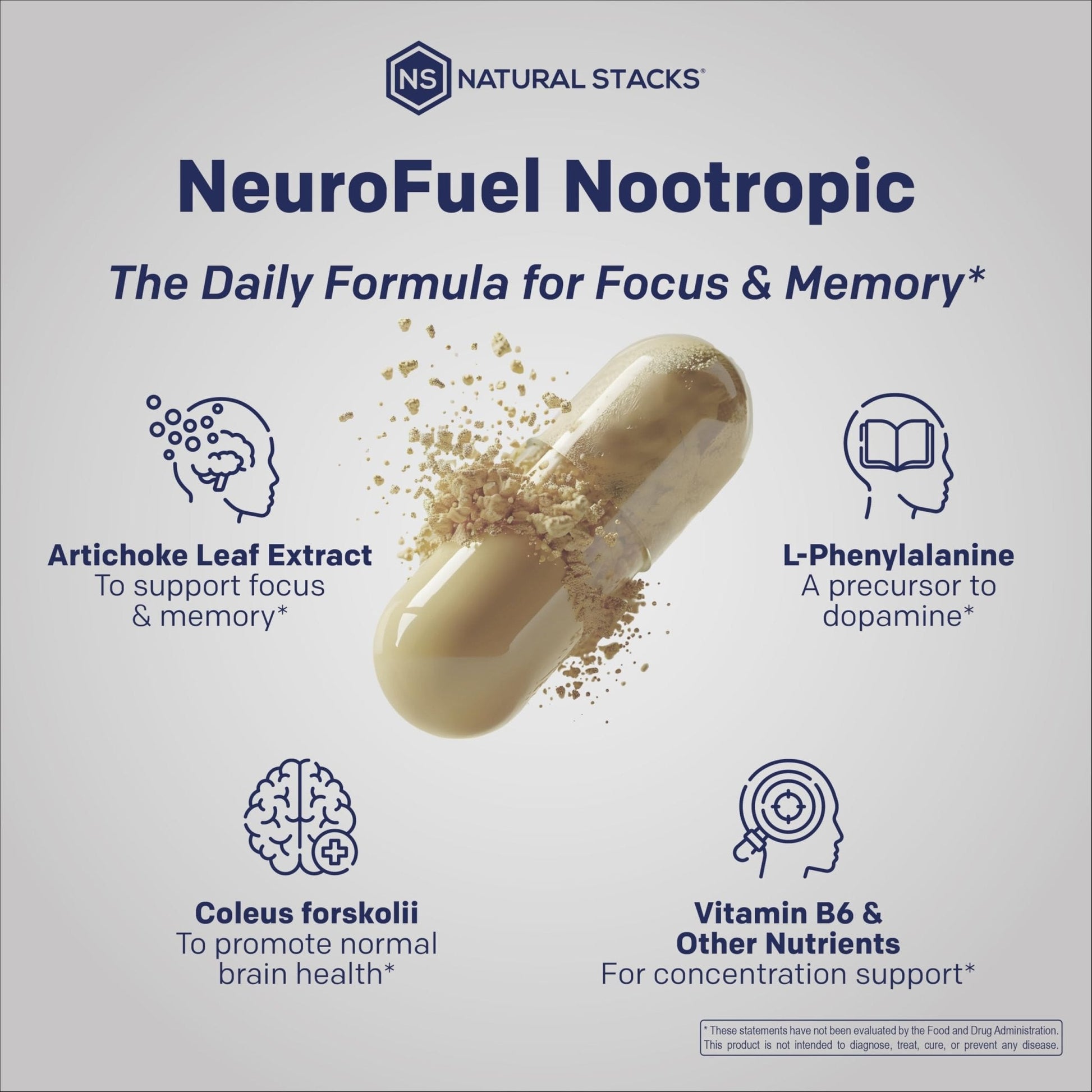 NATURAL STACKS Original NeuroFuel Nootropic Brain Support Supplement - 750mg L-Carnitine & 500mg L-Phenylalanine - Brain Supplement for Memory and Focus* - 75 Focus Pills - Maple Wellness Supplements