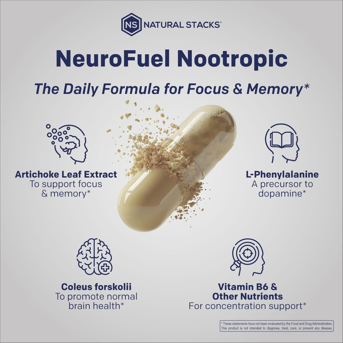 NATURAL STACKS Original NeuroFuel Nootropic Brain Support Supplement - 750mg L-Carnitine & 500mg L-Phenylalanine - Brain Supplement for Memory and Focus* - 75 Focus Pills - Maple Wellness Supplements
