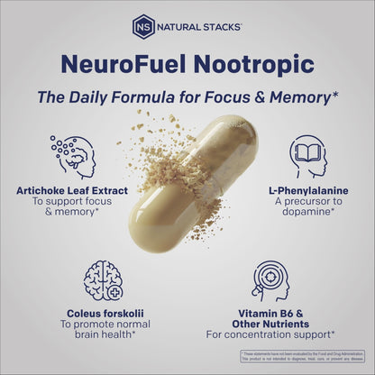 NATURAL STACKS Original NeuroFuel Nootropic Brain Support Supplement - 750mg L-Carnitine & 500mg L-Phenylalanine - Brain Supplement for Memory and Focus* - 75 Focus Pills - Maple Wellness Supplements