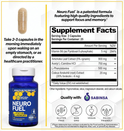 NATURAL STACKS Original NeuroFuel Nootropic Brain Support Supplement - 750mg L-Carnitine & 500mg L-Phenylalanine - Brain Supplement for Memory and Focus* - 75 Focus Pills - Maple Wellness Supplements