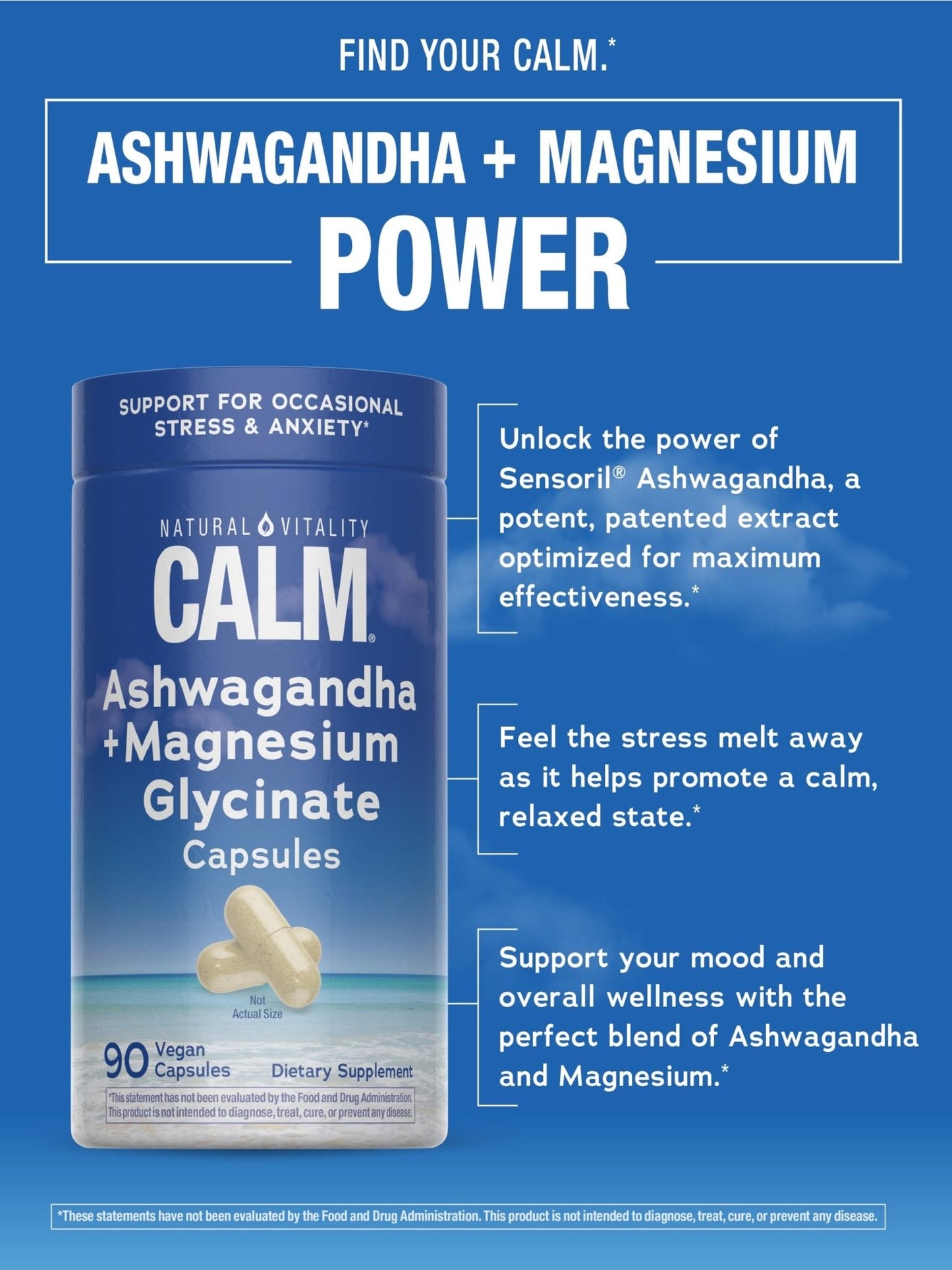 Natural Vitality Calm Ashwagandha + Magnesium Glycinate Capsules | Support for Occasional Stress & Anxiety | Gluten Free Supplement | 90 Count - Maple Wellness Supplements