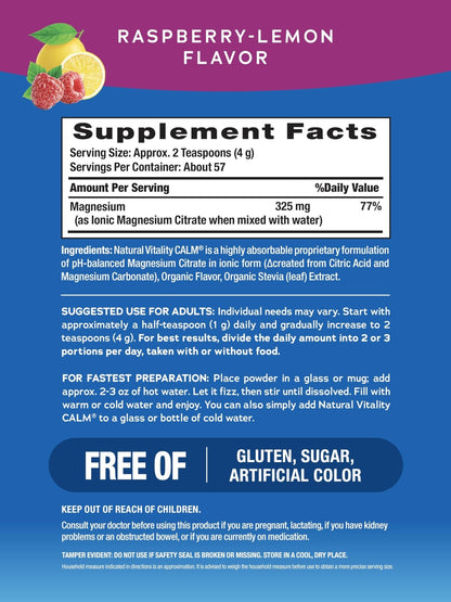 Natural Vitality Calm Powder Rasp Lemon, 8 oz - Maple Wellness Supplements