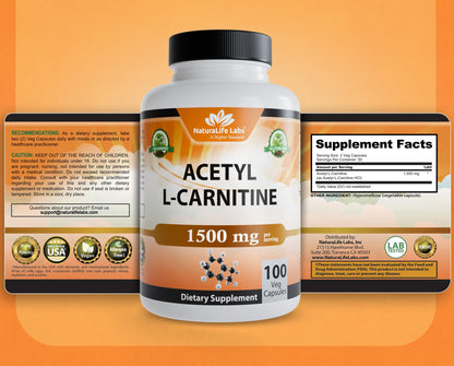 NaturaLife Labs Acetyl L-Carnitine (ALCAR) 1500 mg per Serving – 100 Capsules – Non-GMO, Gluten-Free, Vegan - Maple Wellness Supplements