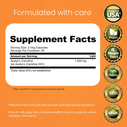 NaturaLife Labs Acetyl L-Carnitine (ALCAR) 1500 mg per Serving – 100 Capsules – Non-GMO, Gluten-Free, Vegan - Maple Wellness Supplements