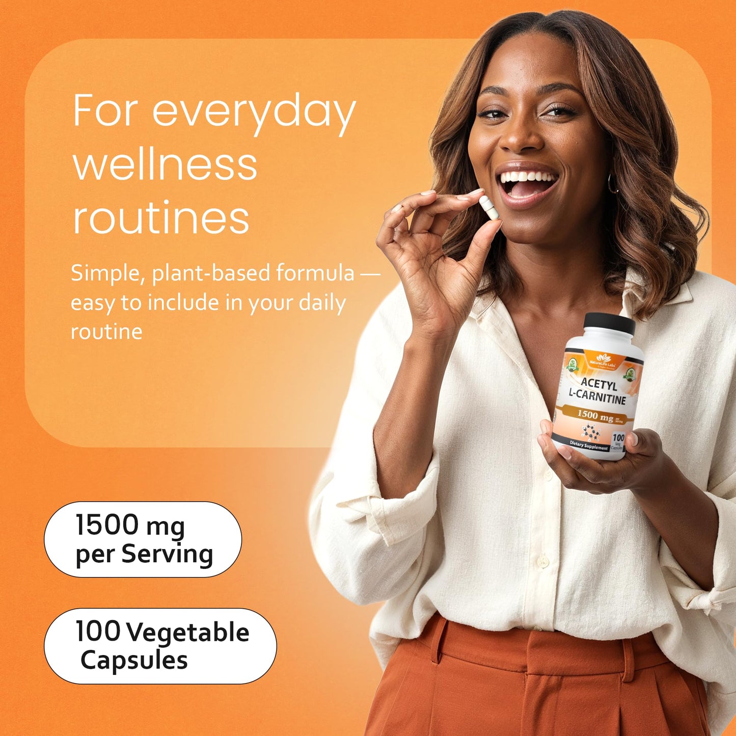 NaturaLife Labs Acetyl L-Carnitine (ALCAR) 1500 mg per Serving – 100 Capsules – Non-GMO, Gluten-Free, Vegan - Maple Wellness Supplements