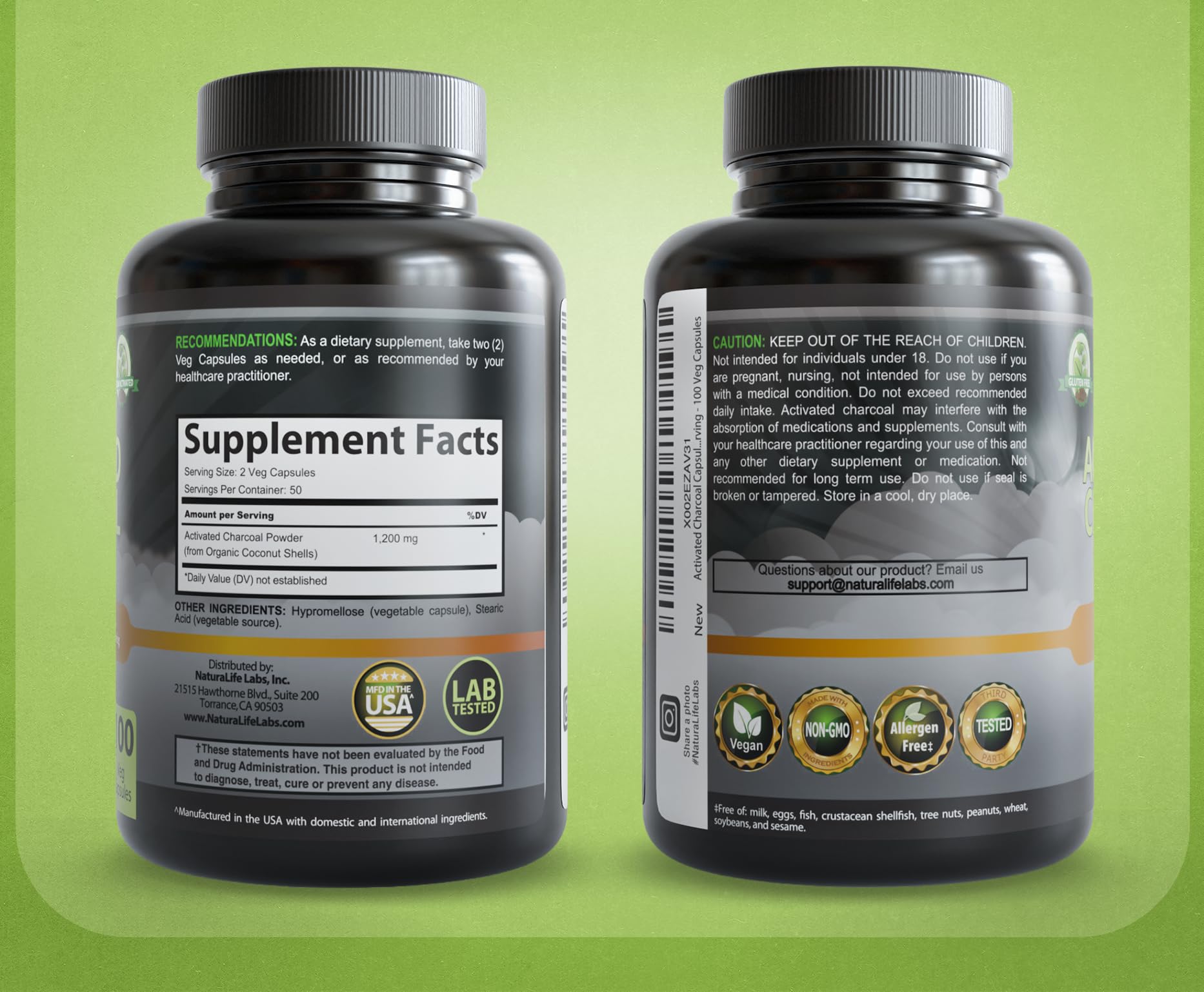 NaturaLife Labs Activated Charcoal 1200 mg per Serving – from Coconut Shells – 100 Veg Capsules – Non-GMO, Gluten-Free, Vegan - Maple Wellness Supplements