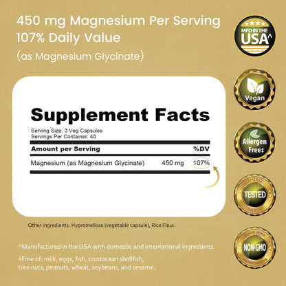 NaturaLife Labs Magnesium Glycinate - 450 mg per Serving – 120 Vegan Capsules - Non-GMO, Gluten-Free, Vegan - Maple Wellness Supplements